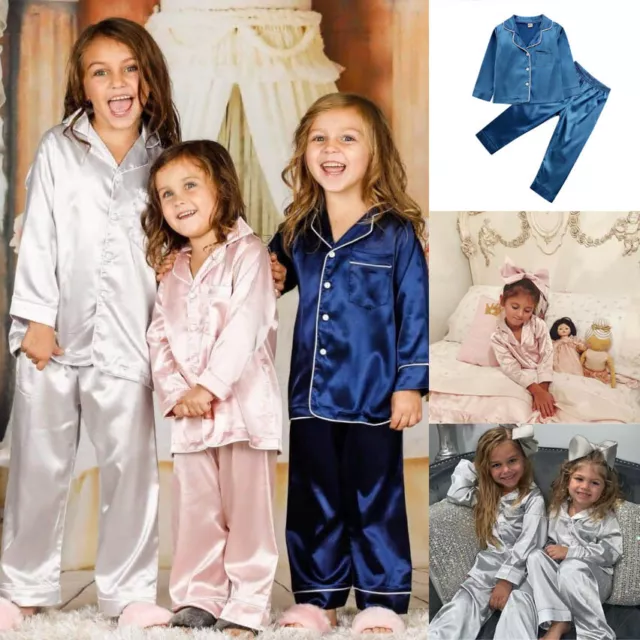 Toddler Boys Girls Silk Satin Pyjamas PJS Satin Sleepwear Nightwear Outfits Set