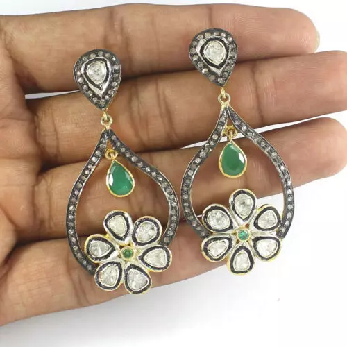 Natural Emerald & Rose Polki Diamond Earring 925 Sterling Silver Emerald Earring