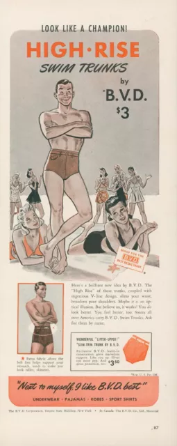1942 BVD High Rise Swim Trunks Beach Bikini Lifter Upper Vintage Print Ad L24