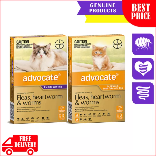 Advocate for All Sizes Cats 3 Pipettes Heartworm Worm Flea Treatment