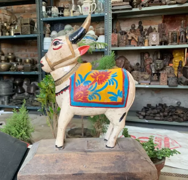 Antique Old Indian Handcrafted Wooden Floral Painted Motif Cow Statue Figurine