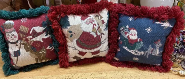 3 Christmas Tapestry Throw Pillows 8" x 9" Miniature Santa Reindeer Snowman