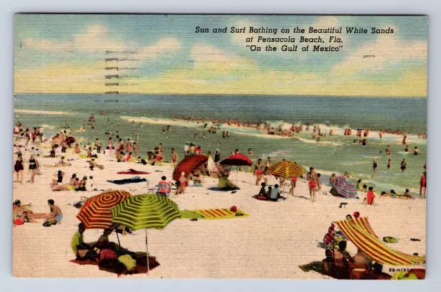 Vintage Sun & Surf Bathing On White Sands Pensacola Beach, Fl~Linen Postcard Iy