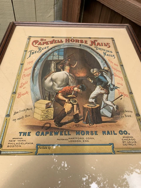 EARLY 1900s CAPEWELL HORSE NAILS DEALER DISPLAY SIGN FRAMED MATTED 19X16 EXC