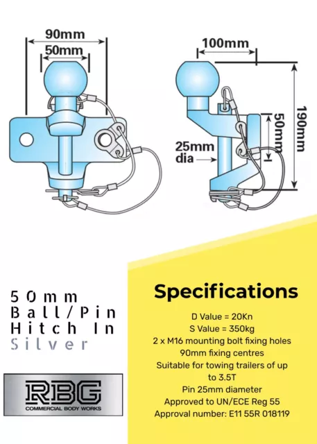 Tow Bar Ball/Pin Coupling 50mm Tow Hitch E approved Tow Jaw Black/Silver + B/N/W 2