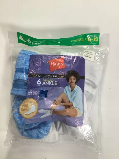 Women's Hanes White Blue Cushioned Ankle Socks Size 8-12 / 6 pack NEW!