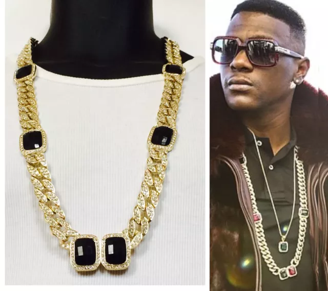 Mens  Rappers Gold Black Onyx Miami Cuban Link Chain Necklace Bracelet Set
