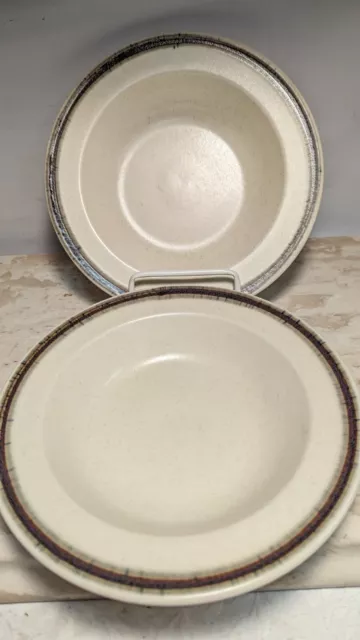 2 Anchor Hocking Peppercorn Mid Century stoneware soup bowls Brown Trim 8.5"