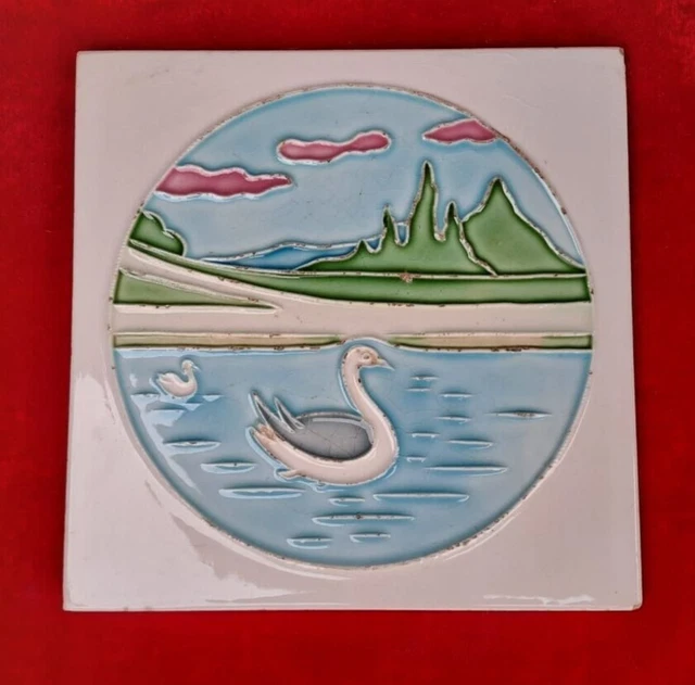 1 Piece Old Art Beautiful Bird Design Embossed Majolica Ceramic Tiles Japan 0371