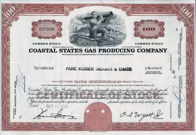 Coastal States Gas Producing Company, Delaware , 1969 (100 Shares)