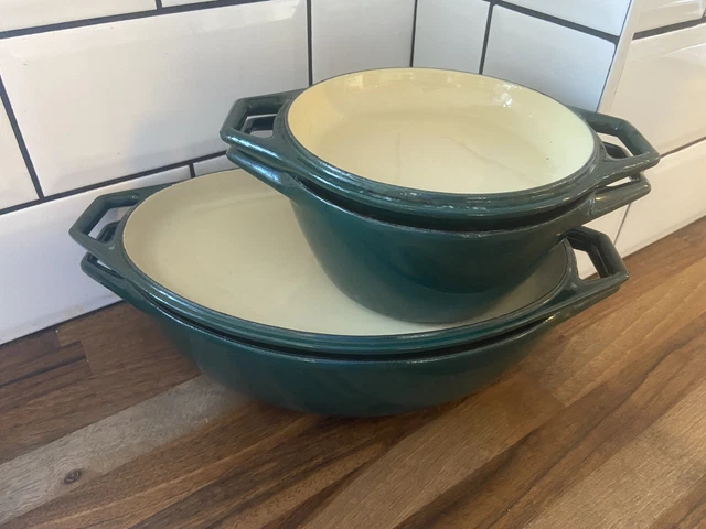 Par de platos de cazuela con tapas esmaltadas de hierro fundido AGA - VERDE