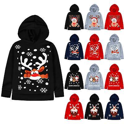 Kids Girls Boys Christmas Print Hooded Jumper Fleece Pullover Hoodie Sweatshirt