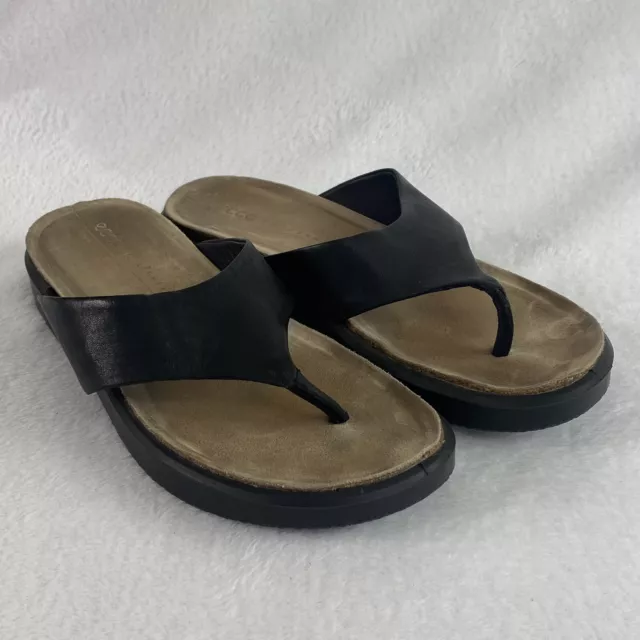 Ecco Corksphere Women's Thong Sandal Size 6 EU 37 Black Leather Flip Flops