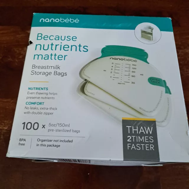 Nanobebe 75 Breastmilk Storage Bags 5oz Extra Thick Double Zipped NEW