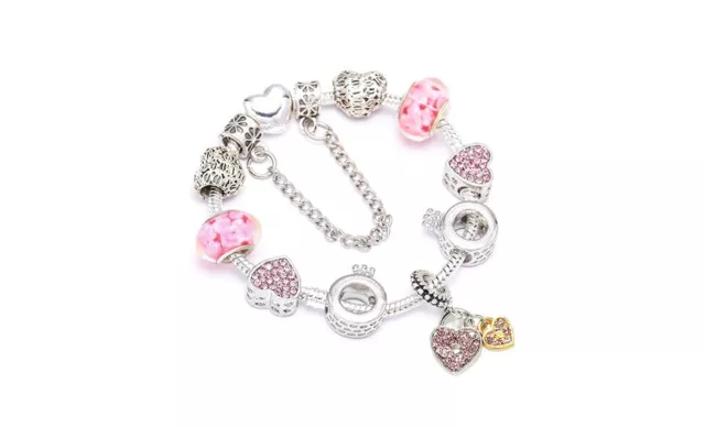 18K White Gold Plated Pink Heart CZ Charm Bracelet Made with Swarovski Elements