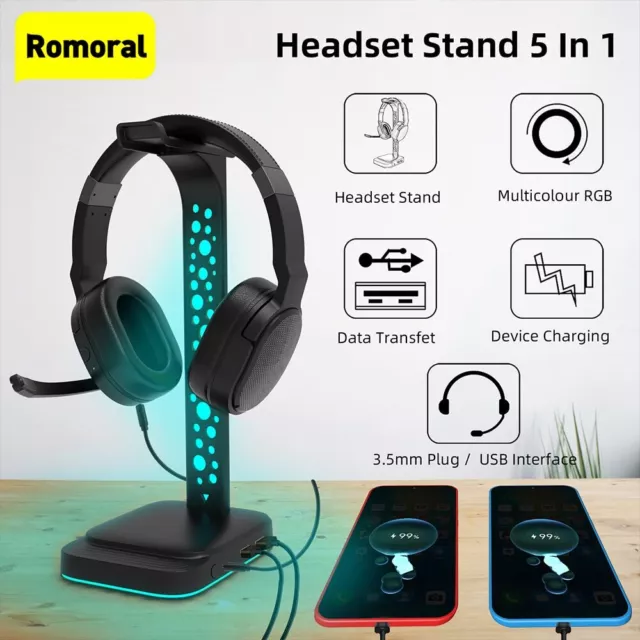 RGB Gaming Headphone Stand Headset Hanger Holder Rack Desktop 2 USB Charging