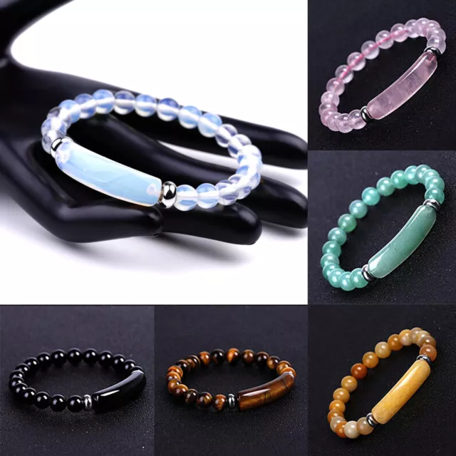 8MM Healing Stone Strand Bracelet Natural Stretch Beads Bar Rectangle Bangle