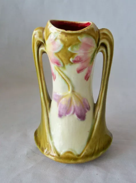 Antique Majolica Art Nouveau Handled Vase w Floral Design