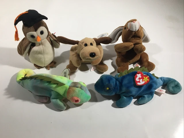 Lot of 5 TY Beanie Babies w/Tags Ears Wise Bones Iggy Rainbow Iggy Blue 1994-97