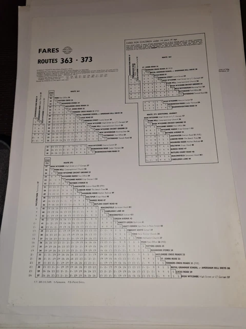 Fare Chart LONDON TRANSPORT BUS RT/RF Conductors Fare Chart Route 365 1968 £12.99 ...