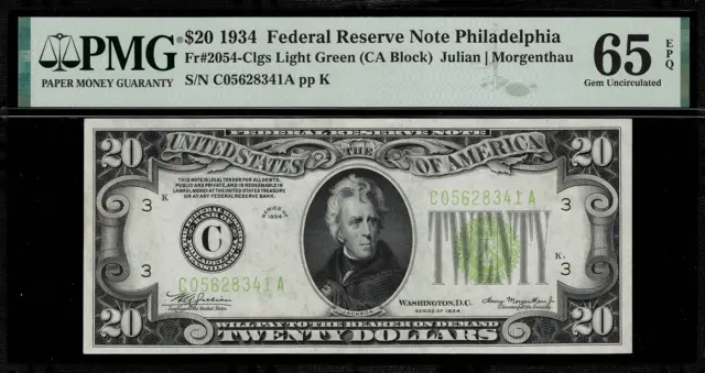 1934 $20 Federal Reserve Note Philadelphia FR.2054-C - LGS - Graded PMG 65 EPQ