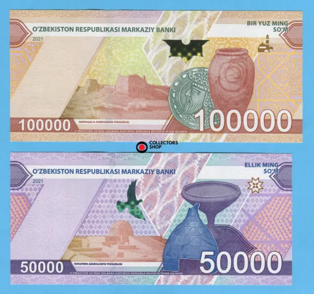 UZBEKISTAN: NEW 2 banknote set 50000 + 100000 SUM SOUM SOM 2021 UNC