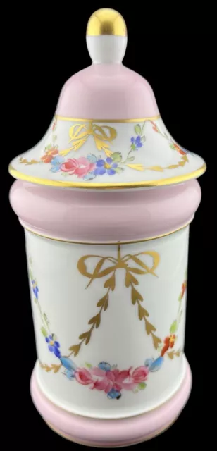 Vintage Singer Limoges Apothecary Jar Hand Painted Flowers On Pink Porcelain 8”