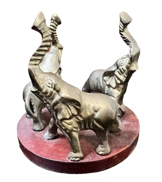 Vintage Solid Brass Elephant Figurine 3 Elephants Trunks Up Made in Senegal 4"