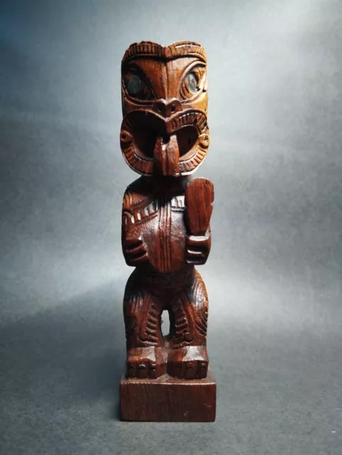 Tiki Maori Hand Carved Wooden Statue New Zealand Abalone Shell