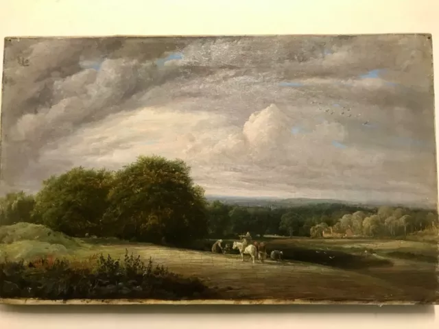 19th century oil painting. Figures working in the fields overlooking an estate.