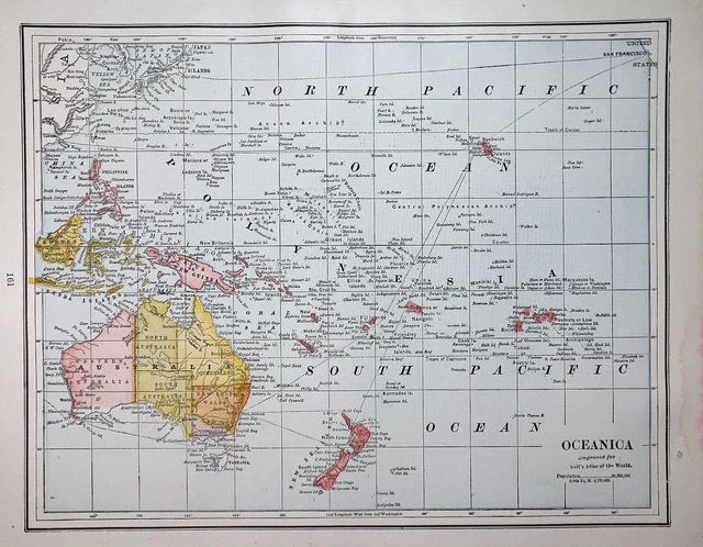 Old 1892 Popular Atlas Map ~ OCEANICA / SOUTH PACIFIC OCEAN ~ (11x13) -#1210