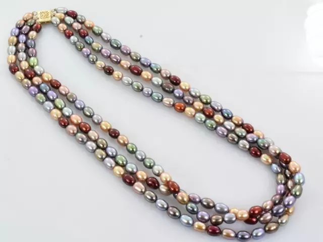 MULTI COLOR TRIPLE Strand Pearl Necklace 14k Yellow Gold Clasp 17
