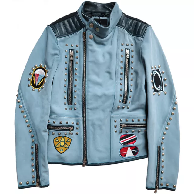 DIESEL BLACK GOLD Leather Biker Jacket Blue Size 48 Suede Jacket - RP £1860.00