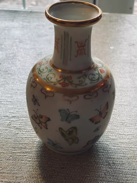 Lovely Artist Signed Dated Hand Painted Butterflies Porcelain 6” Vase Crampton 2