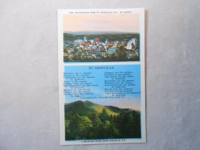 Vintage Postcard - Over View Asheville, NC at Sunset & Mountain Scene