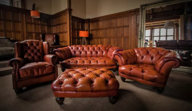 Tetrad Oskar Chesterfield Tan Leather Suite Midi Sofa Club Wingback Chairs Stool