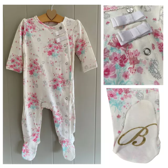 Baby Girls Ted Baker Sleepsuit Floral Pink Bunny Bow Footless Romper Babygrow