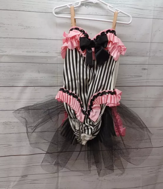 Vtg Curtain Call Girls Dance Costume Leotard Pink White Black Sequin burlesque 8