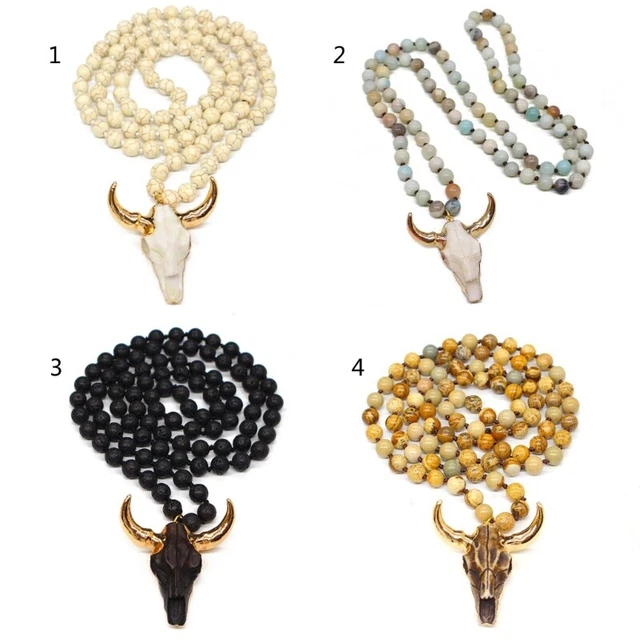 Ethnic Jewelry Hand-knotted Long Necklace with Stone Beads and Ox Horn Pendant