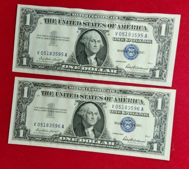 Consecutive PAIR 1957 $1 Silver Certificate Blue Seal Note Bill Wrinkled UNC
