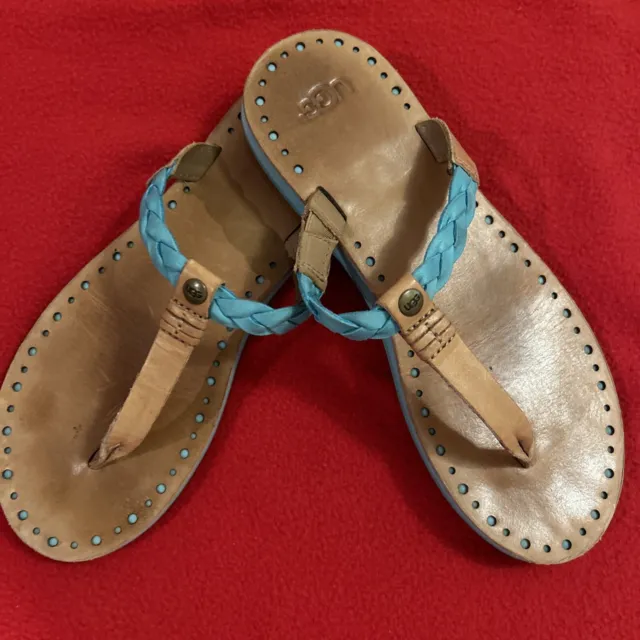 UGG Bria Blue Turquoise Braided Leather Thong Flat Sandals Flip Flops Sz US 6