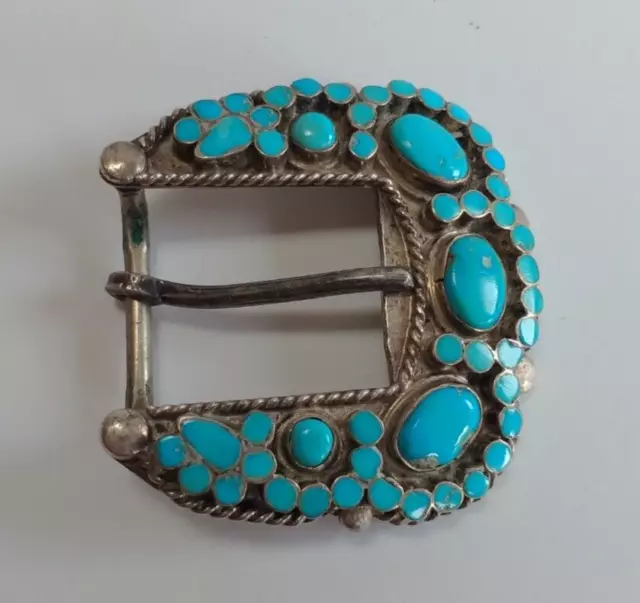 Vintage Virgil Dishta Zuni Indian Silver Robins Egg Turquoise Belt Buckle Vintage Virgil Dishta Zuni Indian Silver Robins Egg Turquoise Belt Buckle