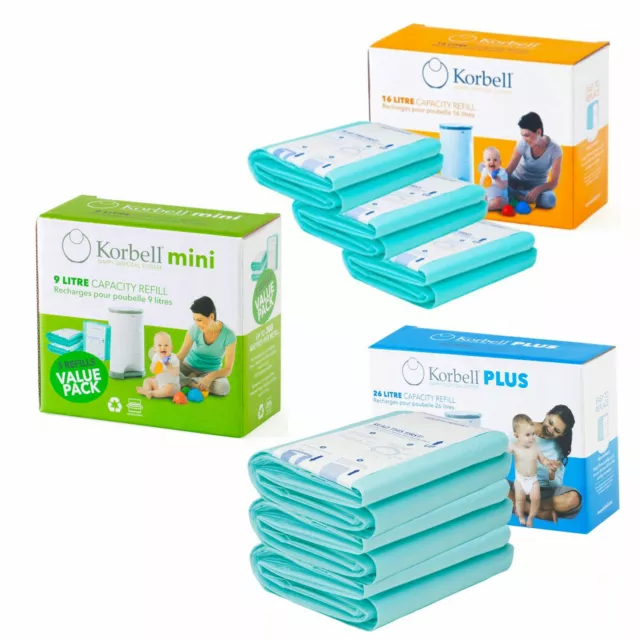 Korbell Refill Liners Sacks 3-Pack Nappy Bin 16L 19L 9L Plus Mini Value Bio HQ