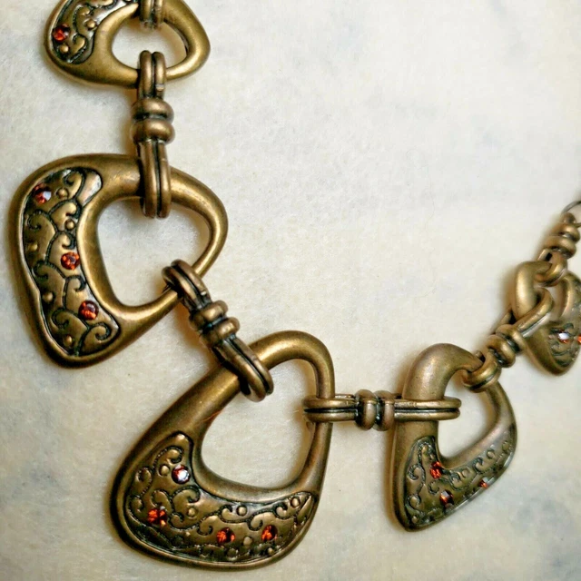 Carved Brass Linked Bib Statement Necklace Red Stones Swirl Carved Accent 16"