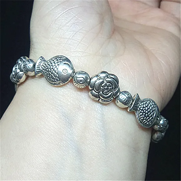 Old China tibet Silver Bracelet Collection Fish flowers statue Fengshui Amulet
