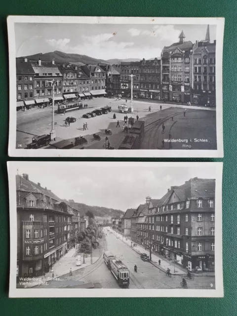 AK 2x Waldenburg Niederschlesien Wałbrzych Ring und Vierhäuserplatz Straßenbahn