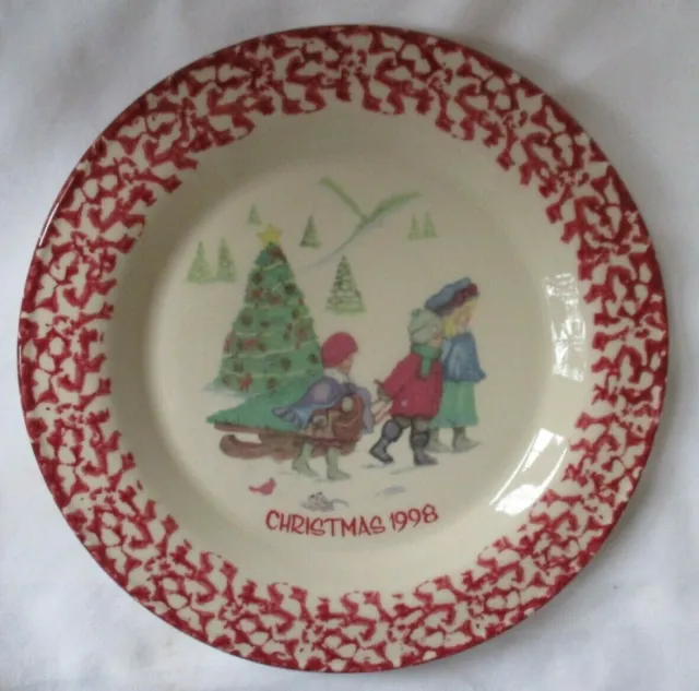 Gerald Henn Workshops Christmas 1998 Red Spongeware Pottery Plate - New