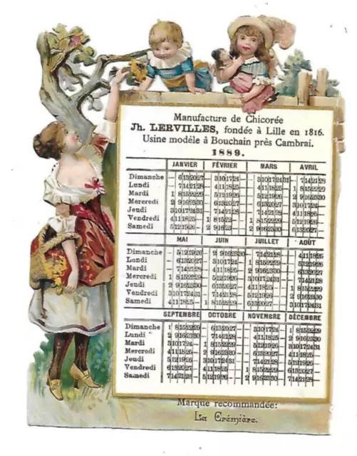 ancien chromo brillant calendrier  1889 H. 13 cms scrap enfants poupée Lille
