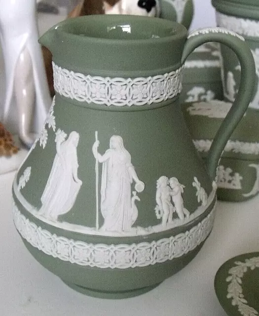 Wedgwood Vintage Jasper Ware Green Jug Pottery Etruscan Style 5"