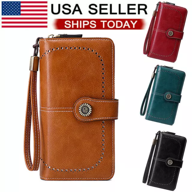 Womens Clutch Leather Long Wallet RFID Blocking Credit Card Holder Purse Handbag